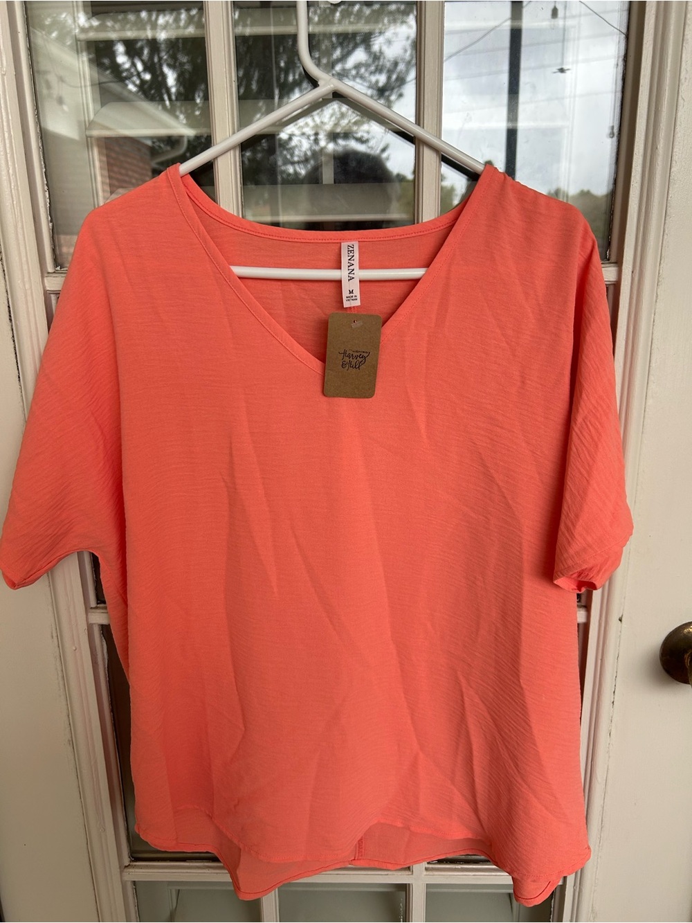 Zenana Outfitters Coral V-Neck Short Sleeve Blouse